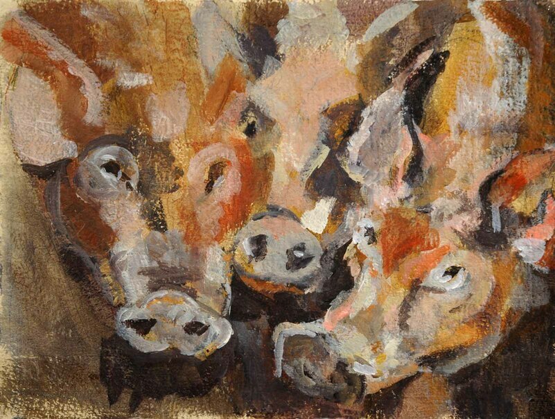 Three Pigs by Rebecca Dufton, 11 x 14.8 inches, acrylic on handmade paper