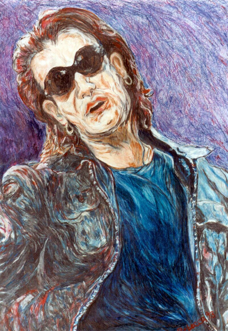 Bono in a Blue Spot by Rebecca Dufton, 20 x 26 inches, mixed media on paper