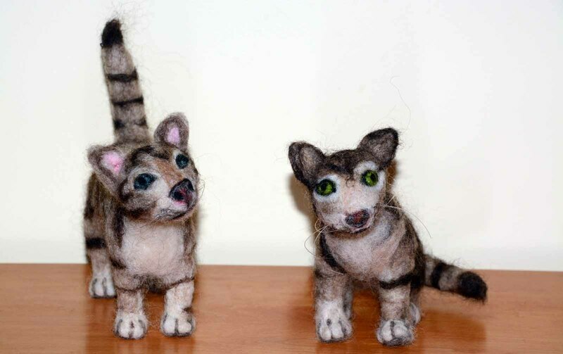 Cats by Rebecca Dufton, 6 inches tall, wool roving on wire armature