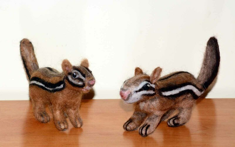 Chipmunks by Rebecca Dufton, 5 inches tall, wool roving on wire armature