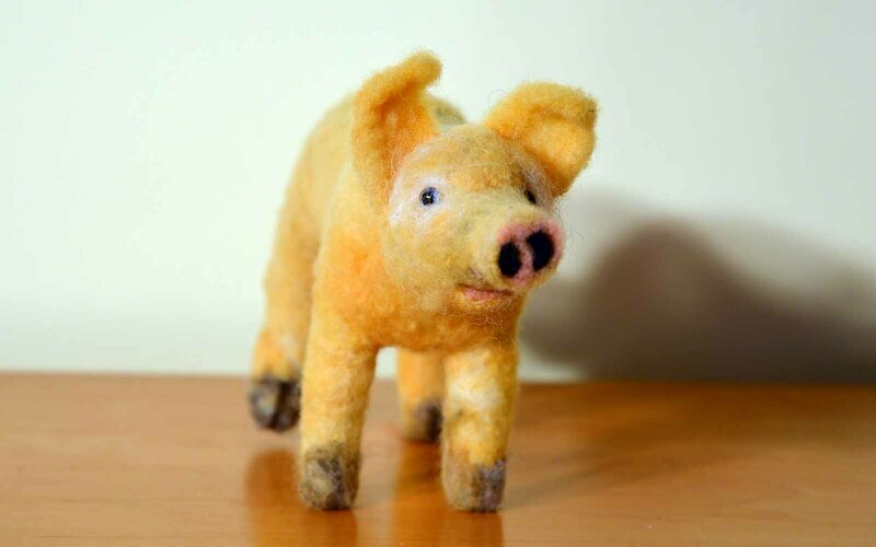 Piglet by Rebecca Dufton, 5 inches tall, wool roving on wire armature