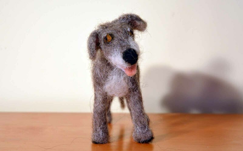 Wolfhound by Rebecca Dufton, 6 inches tall, wool roving on wire armature