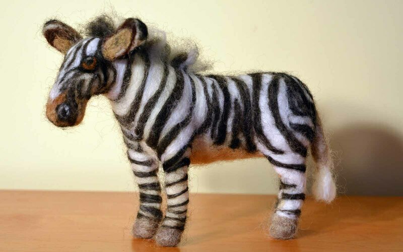 Zebra by Rebecca Dufton, 6 inches tall, wool roving on wire armature