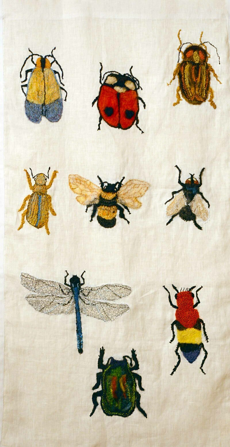 Bug sampler by Rebecca Dufton, 21 x 40 inches, needlefelt and handstitching on linen