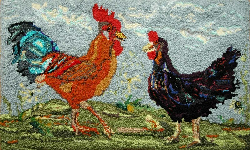 Cock-a-Doodle-Do by Rebecca Dufton, 32 x 19 inches, mixed fibers on monk's cloth