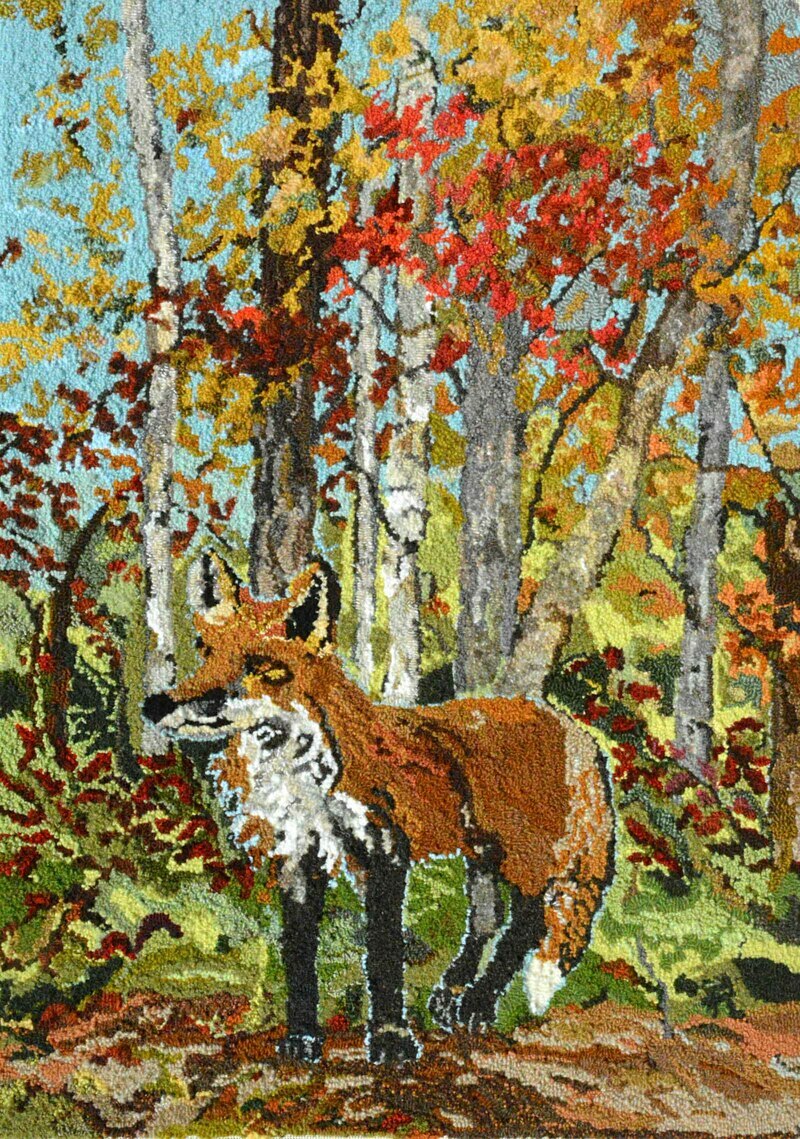 Fox in the Forest by Rebecca Dufton, 23.5 x 34 inches, wool yarn on rug warp