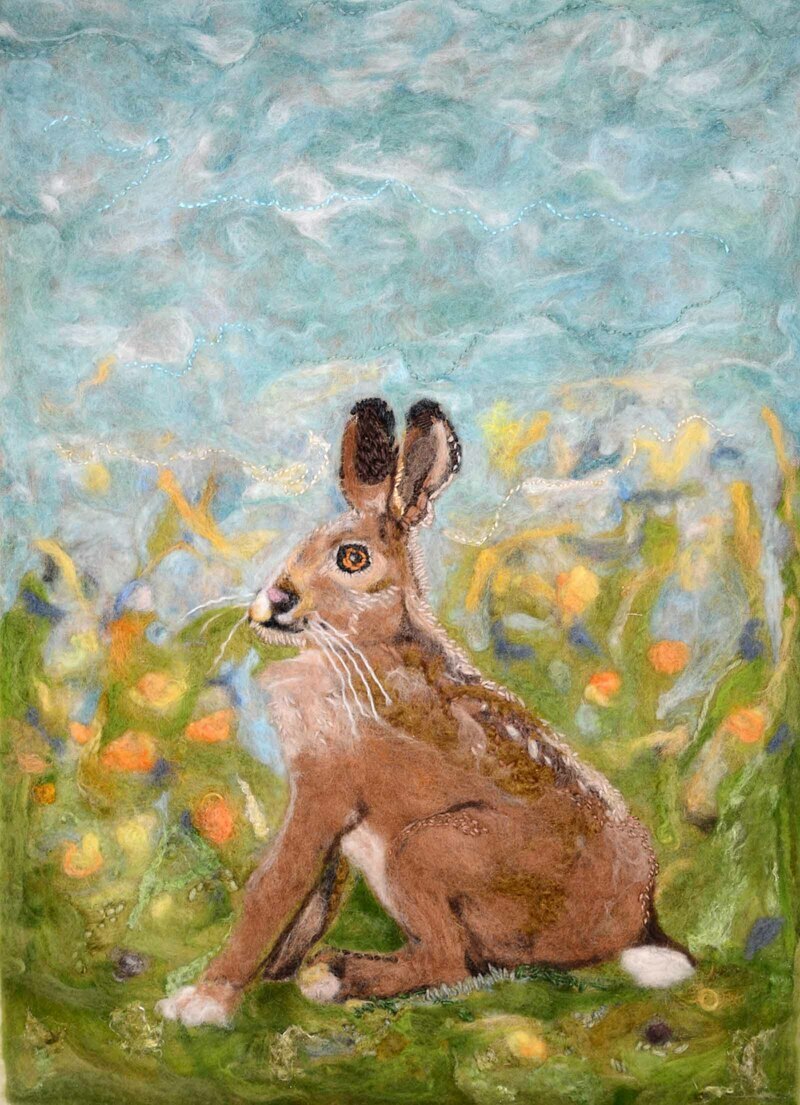 Rabbit by Rebecca Dufton, 18.5 x 25.5 inches, needlefelt and handstitching on linen