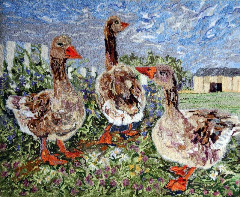 Three Geese by Rebecca Dufton, 37.5 x 30 inches, mixed wool on rug warp