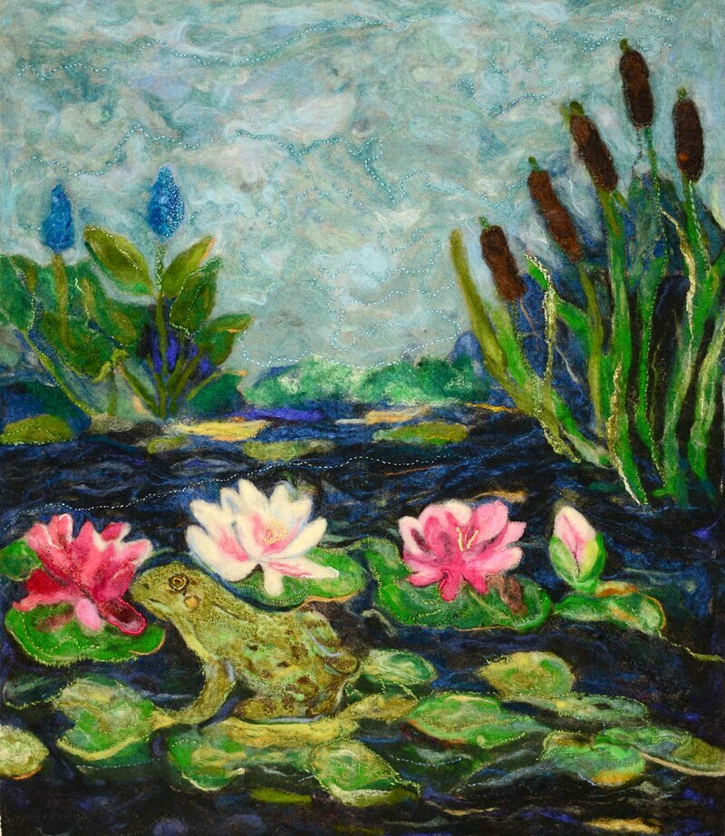 Lily Pond by Rebecca Dufton, 30 x 35 inches, needlefelt and handstitching on linen